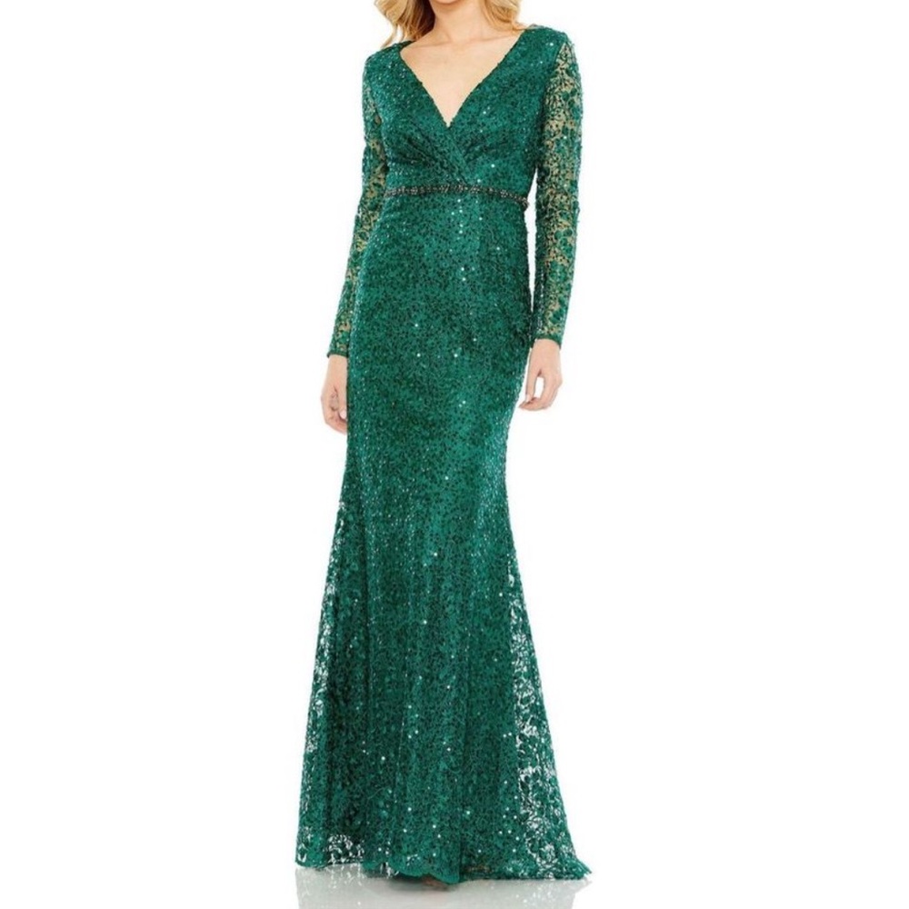 Mac Duggal Emerald Embellished Wrap Over Long Sleeve Evening Gown - Reemoly